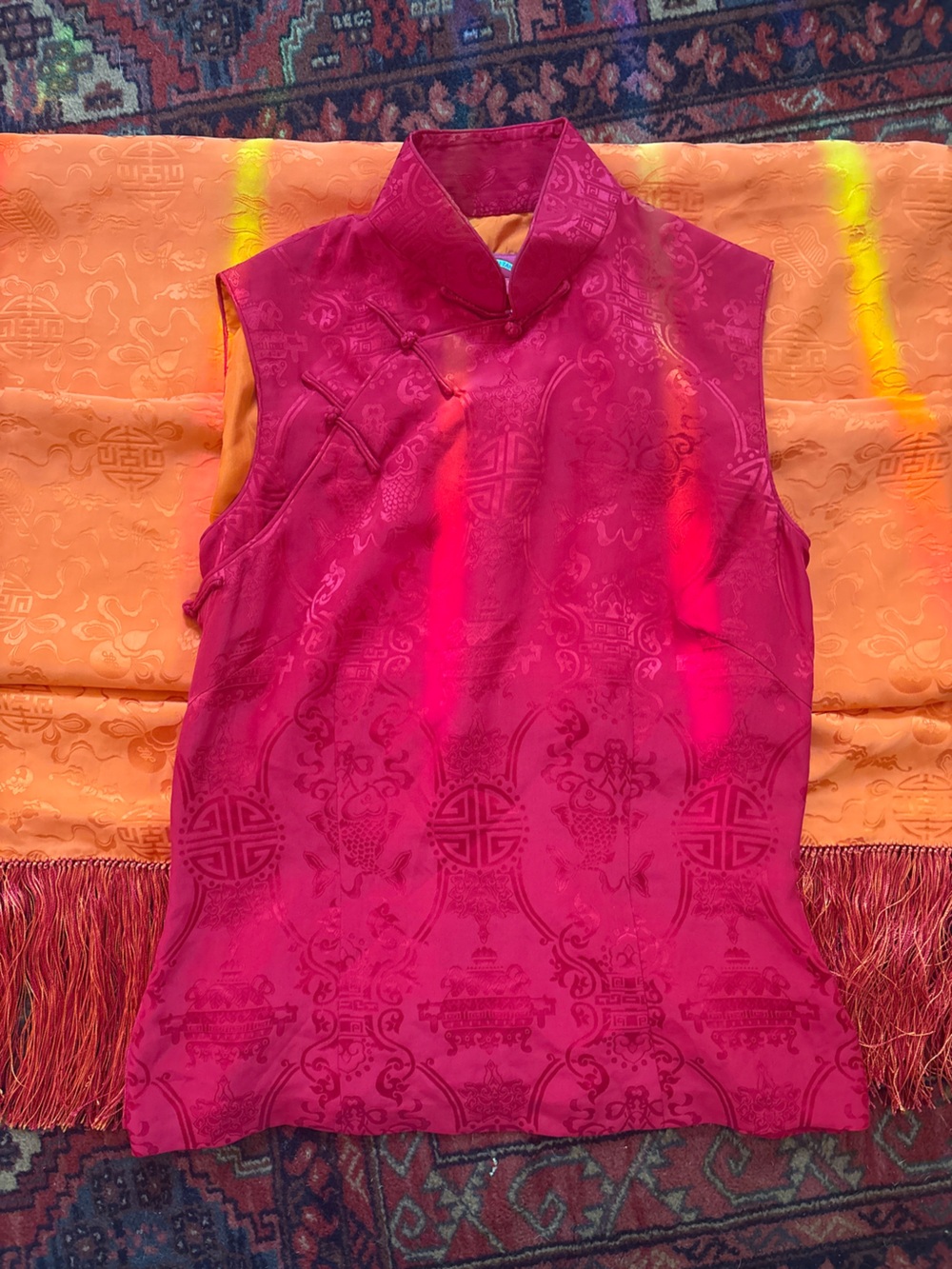 Shanghai Tang Red Silk Jacquard Top with Reversible Silk Tassled Shawl